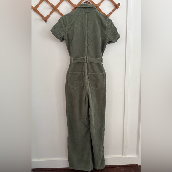 Reformation Cassidy Long Corduroy Jumpsuit Short Sleeve Olive Green - Picture 4 of 5